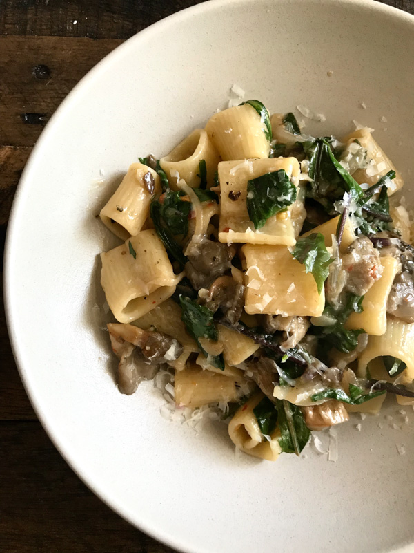Rigatoni with Blue Oyster Mushrooms and Dandelion Greens
